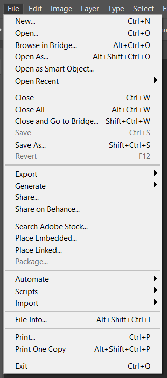 photoshop file menu
